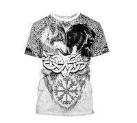 MYZTTZR T-Shirt d'été Valhalla S-5XL Hawaïen Manches Courtes Séchage Rapide Odin Myth Homme Cosplay Cadeau Nordique,Raven and Wolf,L