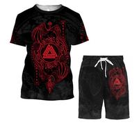 MYZTTZR T-Shirt Ragnar Mythes Nordiques Tatouage Short de Plage Été Séchage Rapide Décontracté Cosplay Fête Médiéval Histoires Costume,Hugin Munin,M