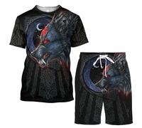 MYZTTZR T-Shirt Ragnar Mythes Nordiques Tatouage Short de Plage Été Séchage Rapide Décontracté Cosplay Fête Médiéval Histoires Costume,Hati Wolf,L