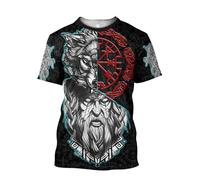 MYZTTZR Viking Fenrir Loup T-Shirt pour Hommes Imprimé en 3D Mythologie Nordique Été Manches Courtes Séchage Rapide Chemise Papa Cadeau,F,L