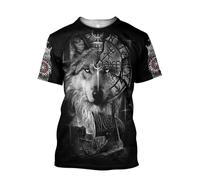 MYZTTZR Viking Fenrir Loup T-Shirt pour Hommes Imprimé en 3D Mythologie Nordique Été Manches Courtes Séchage Rapide Chemise Papa Cadeau,G,XXL