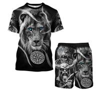 MYZTTZR Viking T-Shirt et Plage Short de Plage L'été Ensemble, Impression 3D Séchage Rapide Ultra-Mince Manches Courtes Décontracté Vacances Short Nordique Cadeau,Odin Lion,L