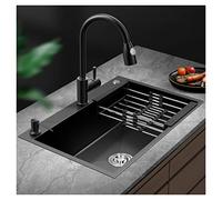 MZBDYYF Évier de cuisine moderne en acier inoxydable noir avec robinet pulvérisateur extractible et accessoires, évier à cuve unique pour un nettoyage facile et une utilisation polyvalente