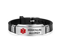 MZC Jewelry Bracelet en silicone réglable avec étiquette d'identification médicale - Bracelet de sport - Alerte de premiers secours - Étanche - Gravé au laser - Pour homme et femme, 9 inch, Acier inoxydable