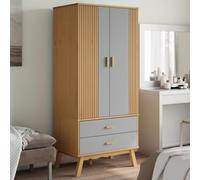 mzdioop Armoire Olden gris marron en pin massif 76,5 x 53 x 172 cm avec 2 tiroirs, grand compartiment, poignées en bois, pieds, penderie pour chambre à coucher