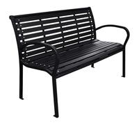 mzdioop Banc de jardin noir 116 cm avec pieds en acier et composite bois et plastique WPC, banc stable pour terrasse, balcon et jardin avant, résistant aux intempéries, avec dossier et confortable