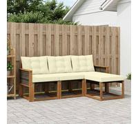 mzdioop Ensemble de canapé d'extérieur 4 pièces en bois d'acacia massif avec coussin naturel et crème, résistant aux intempéries, modulaire, confortable pour jardin, terrasse, balcon et sièges