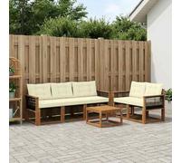 mzdioop Ensemble de canapé d'extérieur 7 pièces avec coussins en bois d'acacia massif et textilène naturel et crème, résistant aux intempéries, modulaire pour jardin, terrasse, balcon et sièges