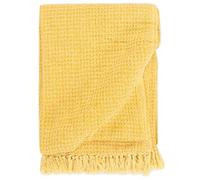 mzdioop Jeté de lit en coton jaune moutarde - 160 x 210 cm - Couverture douillette pour canapé, lit, fauteuil - Couverture douce avec pompons - Pour chambre à coucher, salon, chambre d'amis, confort