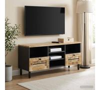 mzdioop Meuble de rangement naturel en bois de manguier massif 100 x 33 x 46 cm avec boutons en laiton, 2 tiroirs, polyvalent comme meuble TV, meuble bas, buffet pour salon et home cinéma