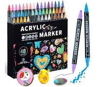 Mzh Art Marqueurs de peinture acrylique à double pointe de 48 couleurs, marqueurs acryliques de qualité supérieure pour bois, peinture sur roche, verre, toile, pierre, loisirs créatifs