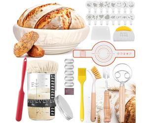 MZJAUVF Banneton pour Pain, Corbeille a Pain Rond 25cm, Pot de Fermentation 700ml, Grattoir à Pâte, Brosse, Kit Boulangerie pour Pains à Levain, Panier a Pains pour Débutant, Passionné de Boulangerie
