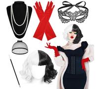 MZJAUVF Perruque Courte Noire Blanche, Années 1970 Accessoires, Cruella Costume Halloween, Cosplay Perruque Accessoires, Costume 70s Accessoires,avec Dentelle Masque, pour Halloween, Carnaval