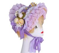 MZRAN Bonnet victorien fait à la main avec bordure à volants et chapeau de soleil en paille à fleurs pour les amateurs de vintage accessoires de costume de théière