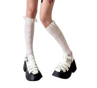 MZRAN Chaussettes extensibles creuses au-dessus du mollet pour femme en nylon respirant en dentelle résille glands longueur genou décontracté mode dentelle chaussettes pour femmes, blanc, Taille