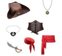 MZRAN Ensemble de costume de pirate et bandana 7 pièces style cariban doux accessoires d'Halloween pour cosplay chapeau de pirate pratique avec bandana intégré