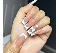 MZRAN French Styles Lot de 24 faux ongles à coller sur les ongles blancs avec nœuds blancs pour femme pour tous les jours et occasions spéciales