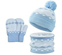 MZSYLK Ensemble 3 en 1 pour enfant - Bonnet d'hiver en tricot thermique double couche - Doublure polaire - Cache-cou pour garçons et filles de 3 à 8 ans, Bleu (02), 3-8 Jahr Old