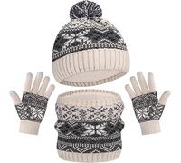 MZSYLK Ensemble bonnet d'hiver 3 en 1 pour enfants, bonnet tricoté thermique double couche, cache-cou pour garçons et filles de 3 à 8 ans, Blanc-1, taille unique