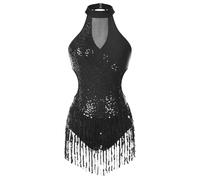 MZYFDC Justaucorps De Danse Latine À Franges Shiny Sequin Leotards For Women Latin Jazz Tassel Fringe Bodysuit Ballroom Dancing Competiton Chacha Samba Tango Jumpsuit(Black,XX-Large)