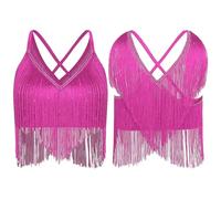 MZYFDC Justaucorps De Danse Latine À Franges Womens Latin Cha-Cha Dance Performance Competition Costume V-Neck Sleeveless Crisscross Back Fringe Crop Top Salsa Rumba Samba(Hot Pink,XX-Large)