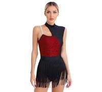 MZYFDC Justaucorps De Danse Latine À Franges Womens Sequins Tassel Latin Dance Dress Cutout Front Sleeveless Fringed Leotard Competition Ballroom Samba Tango Costume(Wine Red,XX-Large)