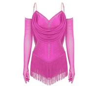 MZYFDC Justaucorps De Danse Latine À Franges Womens Tassel Latin Rumba Dance Leotard Glittery Cutout Fringed Bodysuit With Gloves Cha-cha Samba Tango Performance Costume(Hot Pink,L)