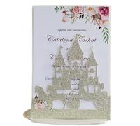 MZYFDC Lot de 10 cartes d'invitation mariage découpées au laser en forme château calèche à paillettes, carte luxe rouge argentée, fournitures fête(Gold)