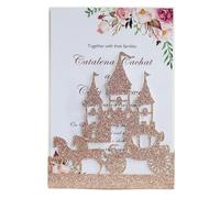 MZYFDC Lot de 10 cartes d'invitation mariage découpées au laser en forme château calèche à paillettes, carte luxe rouge argentée, fournitures fête(Rose gold)