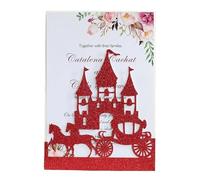 MZYFDC Lot de 10 cartes d'invitation mariage découpées au laser en forme château calèche à paillettes, carte luxe rouge argentée, fournitures fête(Red)