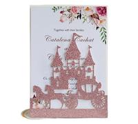 MZYFDC Lot de 10 cartes d'invitation mariage découpées au laser en forme château calèche à paillettes, carte luxe rouge argentée, fournitures fête(Pink)