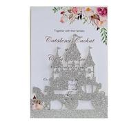 MZYFDC Lot de 10 cartes d'invitation mariage découpées au laser en forme château calèche à paillettes, carte luxe rouge argentée, fournitures fête(Silver)