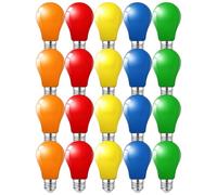 MZYOYO Lot de 20 Ampoules Couleur A60 E27,3W Ampoule Couleur E27 LED,Remplace 25 Watt,Ampoule Couleur Extérieure Intérieur,pour Guirlandes, Fête, Décoration de Noël, Rouge Jaune Bleu Vert Orange