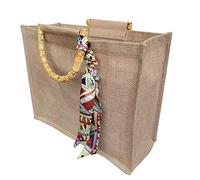 N/0 Sac en jute avec poignées en bambou, sac en jute naturel avec foulard en soie, sac en jute 15,3 × 12,2 × 5,9 pouces, sac de plage pour femme pour les achats portables, sac de plage en mer