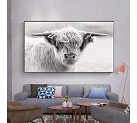 N / A Impressions décoratives sur Toile Noir et Blanc Highland Vache Mur Art Abstrait Toile Peinture minimalisme Shaggy Vache Imprime Animal Imprimable Taureau Affiche 24x32inch
