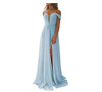 N/ C C012 Robe de demoiselle d'honneur longue à épaules dénudées avec fente en mousseline de soie plissée avec poches, bleu ciel, 42