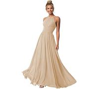 N/ C C016 Robe longue dos nu en mousseline de soie plissée avec poches, champagne, 42