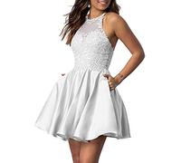 N/ C Homecoming Robe de cocktail courte sans manches avec poches en dentelle et col nu, blanc, 40