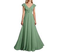 N/ C Robe de demoiselle d'honneur longue en mousseline de soie avec double col en V pour femme, sauge, 44