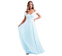 N/ C Robe de demoiselle d'honneur longue en mousseline de soie plissée avec col en V C034, bleu ciel, 34