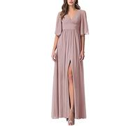 N/ C Robe de demoiselle d'honneur pour femme - Col en V - Robe de soirée longue plissée, rose poudré, 46