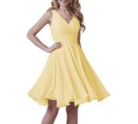 N/ C Robe de demoiselle d'honneur sans manches avec col en V en mousseline de soie pour fête de mariage, jaune, 46