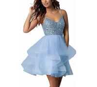 N/ C Sayno Robe de soirée courte à volants en tulle à paillettes pour femme, bleu ciel, 46