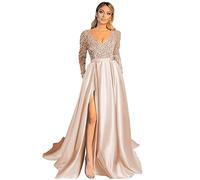 N/ C Sayno Robe de soirée formelle à manches longues et col en V pour femme avec fente à paillettes, champagne, 44