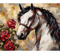 N.LANSHAN 11CT Animal Diy Canevas Kit Complet Adulte Cheval Et Roses Kits De Point De Croix De Broderie，Ensemble De Démarrage De Motifs Estampés，Accessoires D'Art De Couture，Décoration Murale 40x50cm