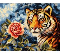 N.LANSHAN 11CT Animal Diy Canevas Kit Complet Adulte Tigre Et Rose Ensemble De Broderie Pré-Imprimé,Travaux D'Aiguille À La Main,Kits De Point De Croix Estampés Pour Débutants 30x40cm