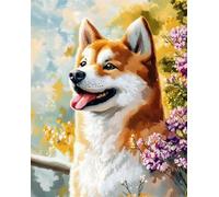 N.LANSHAN 11CT Animal Diy Kit Point De Croix Imprimé Akita Inu De Dessin Animé Kits De Point De Croix Estampés，Ensemble De Broderie，Travaux D'Aiguille À La Main Pour Débutants Adultes 50x70cm