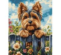 N.LANSHAN 11CT Chien Animal Diy Canevas Point De Croix Yorkshire Terrier Et Fleurs Kits De Motifs De Point De Croix，Ensemble De Broderie Imprimé，Art De Broderie Pour La Décoration Intérieure 30x40cm