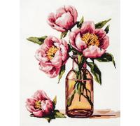 N.LANSHAN 11CT Diy Canevas Kit Complet Adulte Fleurs De Pivoines Dans Un Vase Kits De Point De Croix Estampés, Ensemble De Broderie, Travaux D'Aiguille À La Main Pour Débutants Adultes 30x40cm