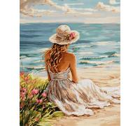N.LANSHAN 11CT Diy Point De Croix Femme De Dos,Paysage De Plage Kits De Point De Croix,Ensemble De Broderie Imprimé Compté Avec Aiguilles,Enfile-Ciseaux Pour Adultes Débutants 50x70cm